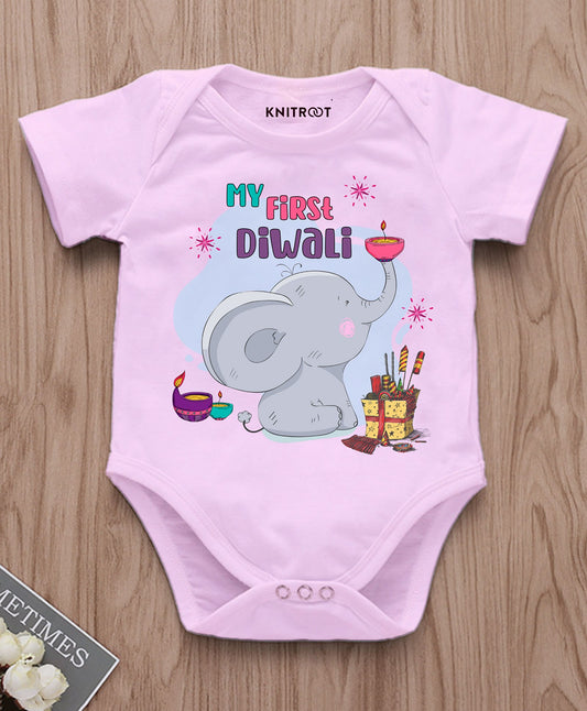 KNITROOT My First Diwali Elephant With Diyas Half Sleeves Onesie Pink