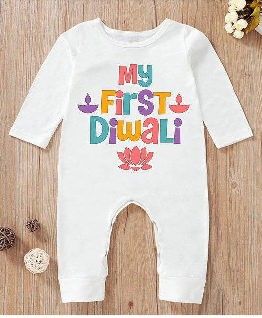 KNITROOT My First Diwali Lotus and Diyas Full Sleeves Romper White