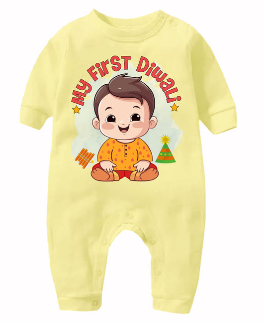 KNITROOT My First Diwali Baby With Firecrackers Full Sleeves Romper Light Yellow