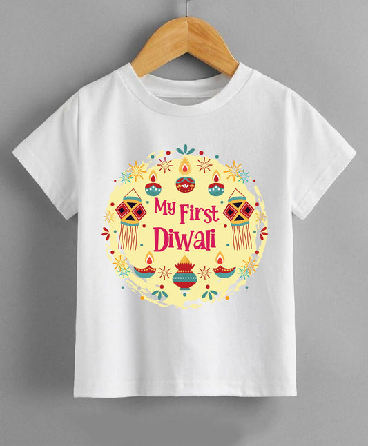 KNITROOT My First Diwali Diya Wreath Half Sleeves Tee White