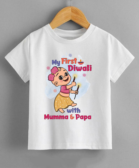 KNITROOT My First Diwali With Mumma and Papa Girl With Sparkler Half Sleeves Tee White