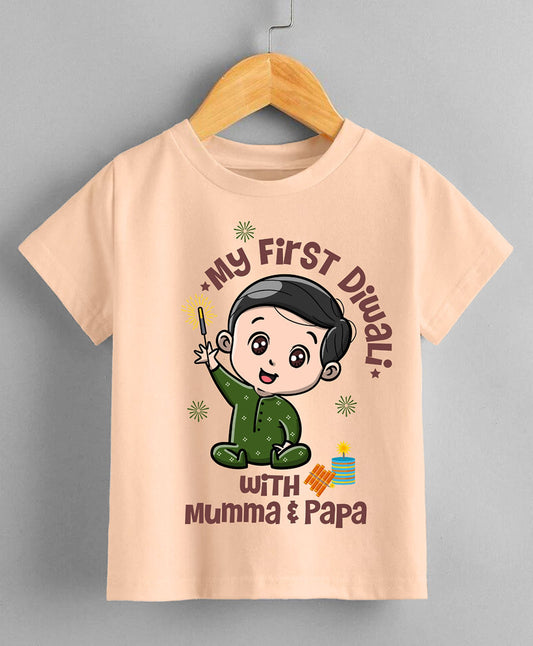 KNITROOT My First Diwali With Mumma and Papa Boy With Sparkler Half Sleeves Tee Peach