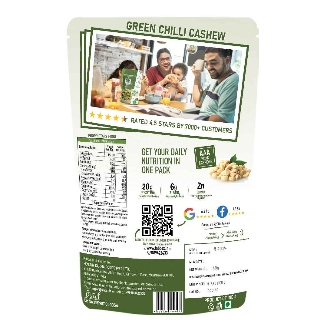 Fabbox Green Chilli Cashews family pack, roasted nuts with green chilli seasoning, premium snack. - Image 3