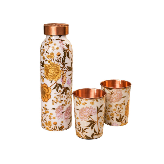 Mahita Collections Pure Copper Water Bottle 1 Litre with 2 Copper Glasses 250ml White Floral Print Gift Set