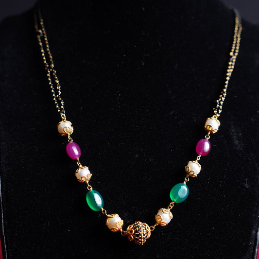 Pure Gold Double Line Black Beads Withgreen,Pink And White Stone Mangalsutra 9.48g