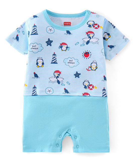 FirstCry Babyhug 100 Percent Cotton Half Sleeves Romper With Penguin Print Blue
