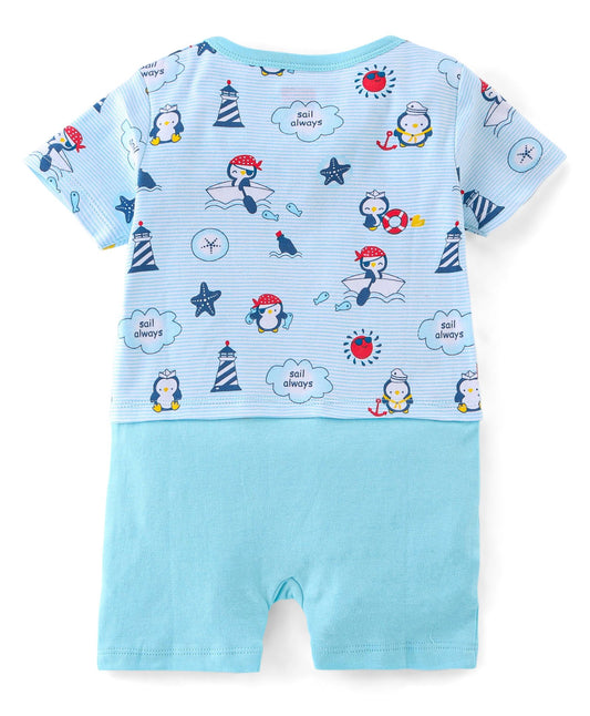 FirstCry Babyhug 100 Percent Cotton Half Sleeves Romper With Penguin Print Blue