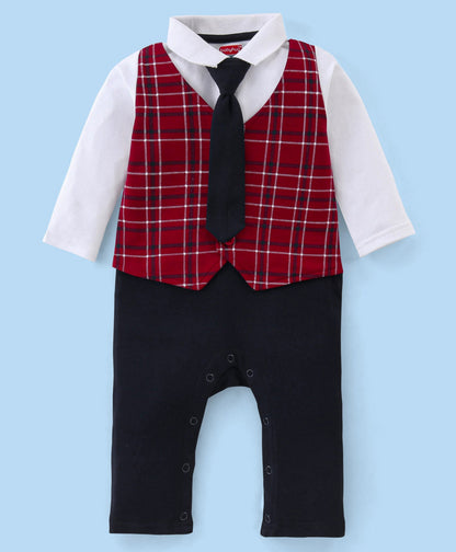 FirstCry Babyhug Cotton Full Sleeves Romper With Tie Checked Red and Black