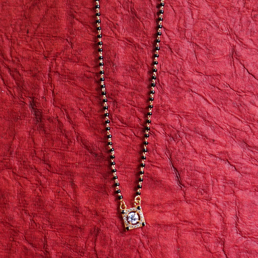 Pure Gold Black Beads With Square Locket With White Stone Mangalsutra 6.17g
