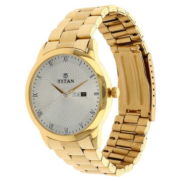 Titan Quartz Analog with Day and Date Silver Round Dial Golden Stainless Steel Strap Watch For Men
