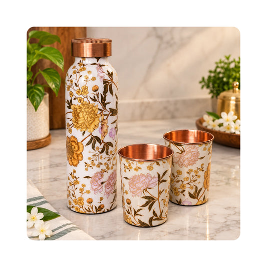 Mahita Collections Pure Copper Water Bottle 1 Litre with 2 Copper Glasses 250ml White Floral Print Gift Set