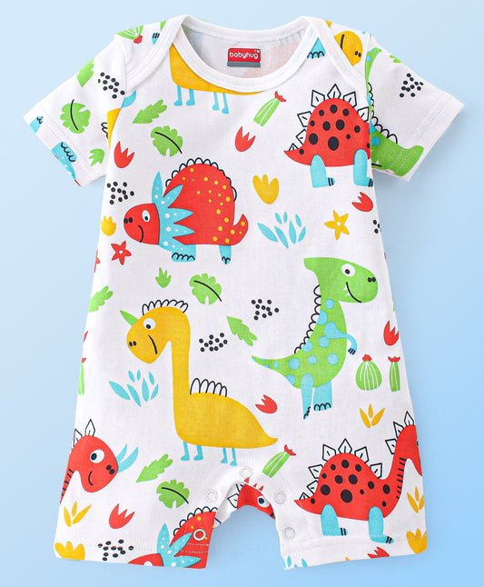 FirstCry Babyhug 100 Percent Cotton Interlock Knit Half Sleeves Romper Dino Print White