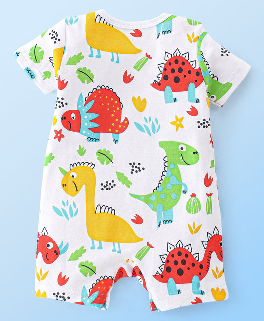 FirstCry Babyhug 100 Percent Cotton Interlock Knit Half Sleeves Romper Dino Print White