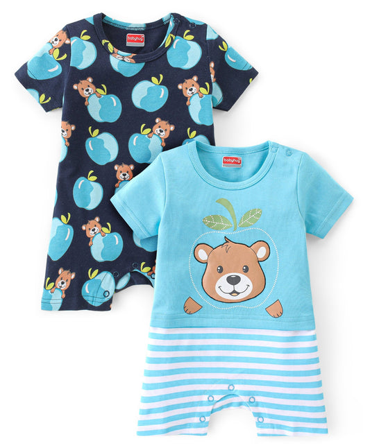 FirstCry Babyhug 100 Percent Cotton Knit Half Sleeves Romper With Bear Print Pack of 2 Blue