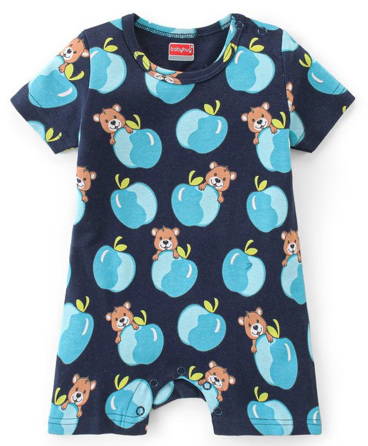 FirstCry Babyhug 100 Percent Cotton Knit Half Sleeves Romper With Bear Print Pack of 2 Blue