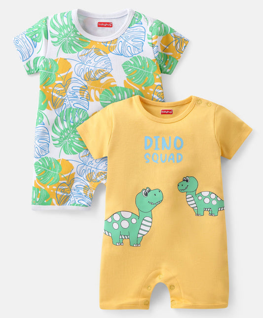 FirstCry Babyhug 100 Percent Cotton Knit Frill Sleeves Dino and Tropical Printed Rompers Pack of 2 Yellow and Green