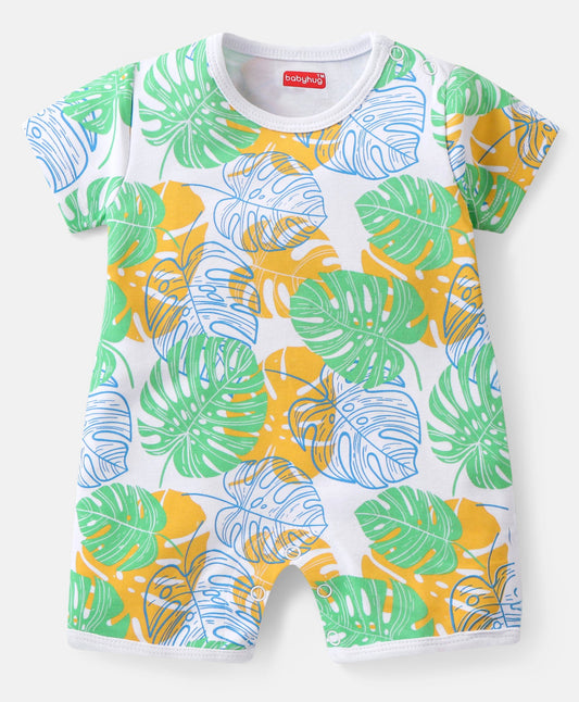 FirstCry Babyhug 100 Percent Cotton Knit Frill Sleeves Dino and Tropical Printed Rompers Pack of 2 Yellow and Green