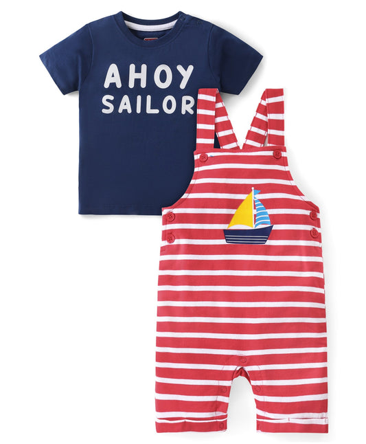 FirstCry Babyhug Single Jersey Knit Striped Dungaree with Half Sleeves T-Shirt Boat and Text Print Red and Blue