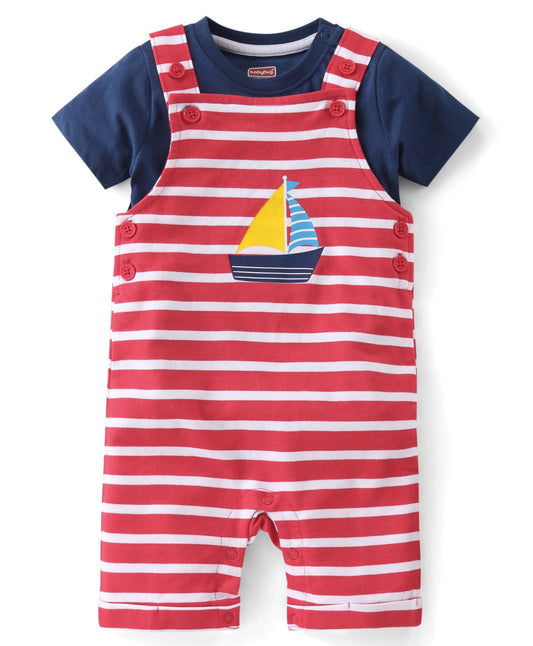 FirstCry Babyhug Single Jersey Knit Striped Dungaree with Half Sleeves T-Shirt Boat and Text Print Red and Blue