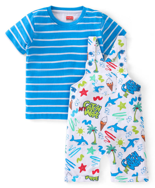 FirstCry Babyhug Single Jersey Knit Beach Theme Dungaree with Striped Half Sleeves T-Shirt Blue