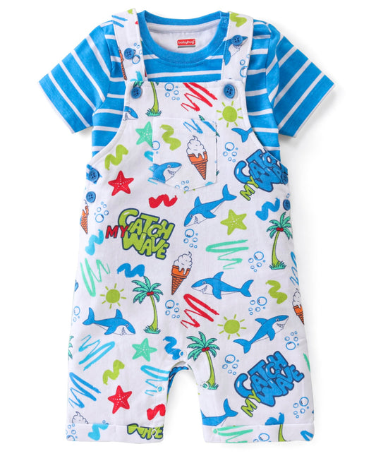 FirstCry Babyhug Single Jersey Knit Beach Theme Dungaree with Striped Half Sleeves T-Shirt Blue