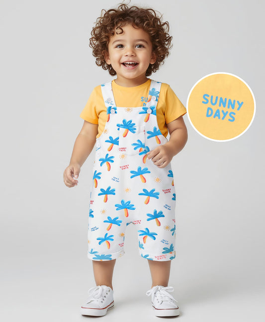 FirstCry Babyhug Single Jersey Knit Dungaree with Tree Print and Half Sleeves T-Shirt White and Orange