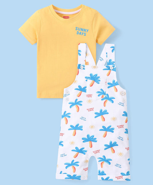 FirstCry Babyhug Single Jersey Knit Dungaree with Tree Print and Half Sleeves T-Shirt White and Orange