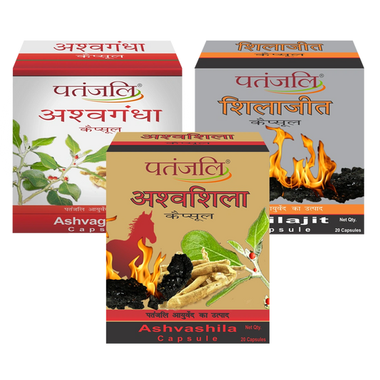 Patanjali Vitality Booster Combo - Shilajit 11g (Strip) + Ashwagandha 11g (Strip) + Ashwashila 11g (Strip) - Rs 45 Off