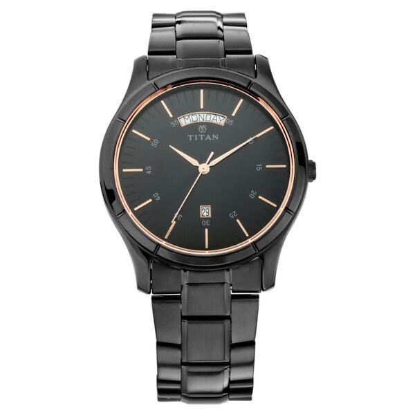 Titan Quartz Analog with Day and Date Black Dial Black Stainless Steel Strap Watch