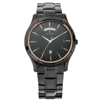 Titan Quartz Analog with Day and Date Black Dial Black Stainless Steel Strap Watch