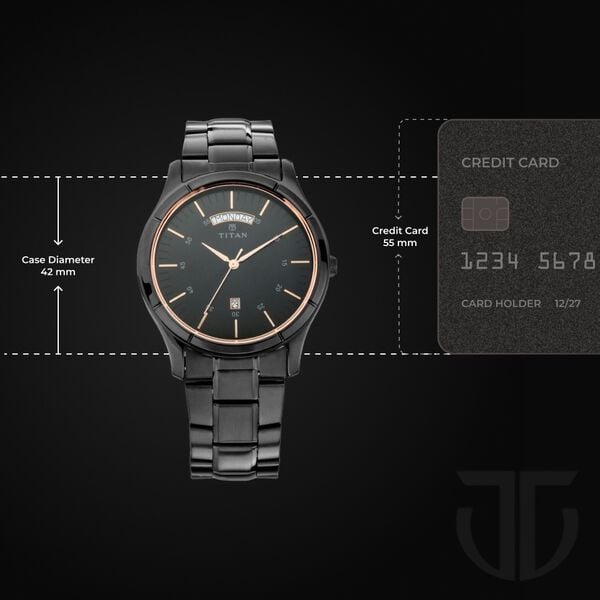 Titan Quartz Analog with Day and Date Black Dial Black Stainless Steel Strap Watch