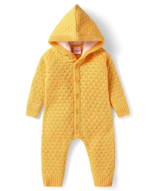 FirstCry Babyhug Sweater Knit Full Sleeves Hooded Cable Knit Designed Winter Wear Romper Yellow