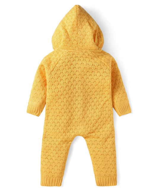 FirstCry Babyhug Sweater Knit Full Sleeves Hooded Cable Knit Designed Winter Wear Romper Yellow