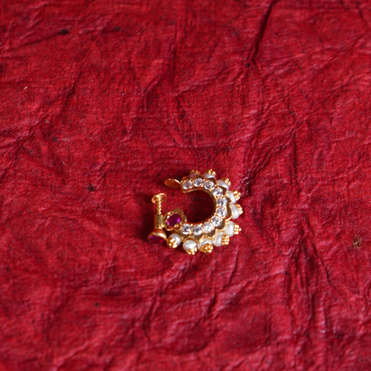Pure Gold Nose Stud With Pink And White Stones (Mukkera) 2.6g