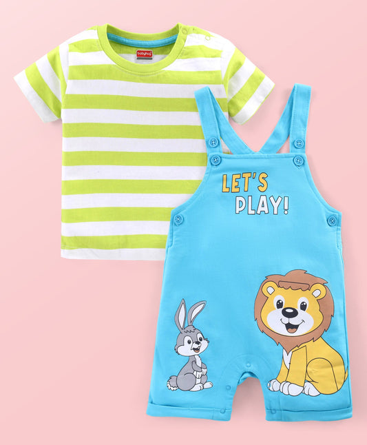 FirstCry Babyhug Single Jersey Knit Striped Half Sleeves T-Shirt with Bunny and Lion Printed Dungaree Blue and Green