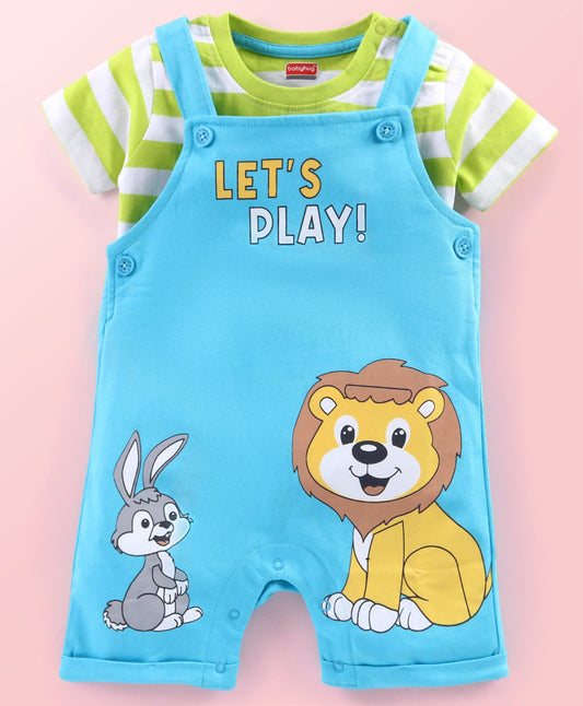 FirstCry Babyhug Single Jersey Knit Striped Half Sleeves T-Shirt with Bunny and Lion Printed Dungaree Blue and Green