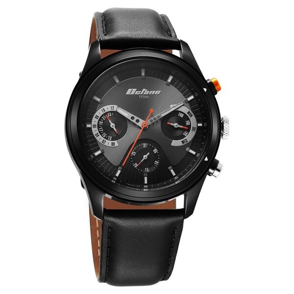 Titan Octane Quartz Multifunction Black Dial With Black Leather Strap Watch For Men