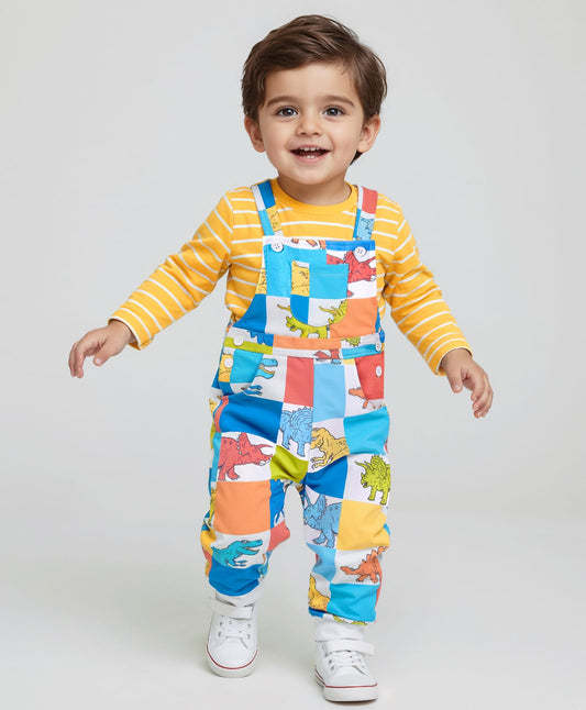 FirstCry Babyhug Single Jersey Knit Dungaree and Full Sleeves Striped T-Shirt Set Dino Print Yellow and Blue