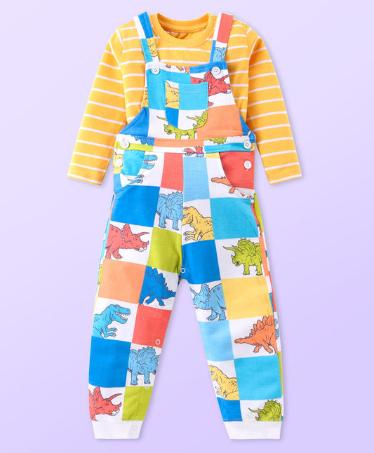 FirstCry Babyhug Single Jersey Knit Dungaree and Full Sleeves Striped T-Shirt Set Dino Print Yellow and Blue
