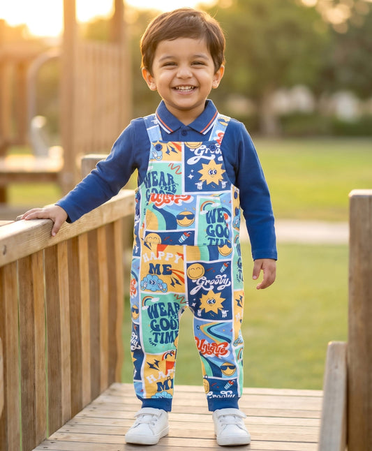 FirstCry Babyhug Single Jersey Knit Full Sleeves T-Shirt and Text Printed Dungaree Blue