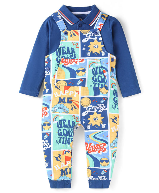 FirstCry Babyhug Single Jersey Knit Full Sleeves T-Shirt and Text Printed Dungaree Blue