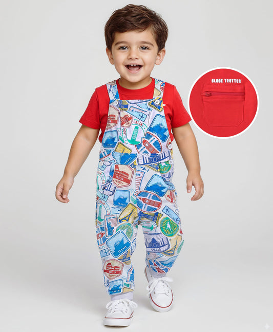 FirstCry Babyhug Single Jersey Knit Half Sleeves Solid T-Shirt and Stamp Printed Dungaree Red