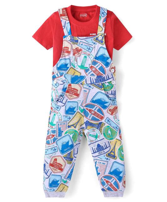 FirstCry Babyhug Single Jersey Knit Half Sleeves Solid T-Shirt and Stamp Printed Dungaree Red