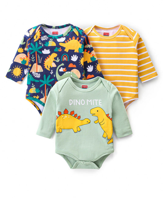 FirstCry Babyhug 100 Percent Cotton Knit Full Sleeves Onesies Striped and Dino Print Pack of 3 Navy and Yellow