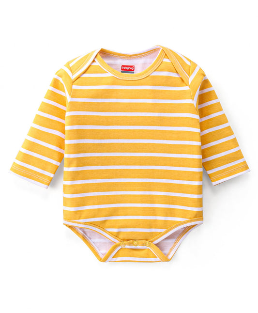 FirstCry Babyhug 100 Percent Cotton Knit Full Sleeves Onesies Striped and Dino Print Pack of 3 Navy and Yellow
