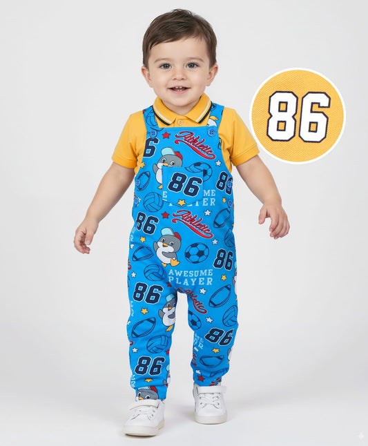 FirstCry Babyhug Single Jersey Knit Dungaree and Half Sleeves Polo T-Shirt Penguin Print Yellow and Blue