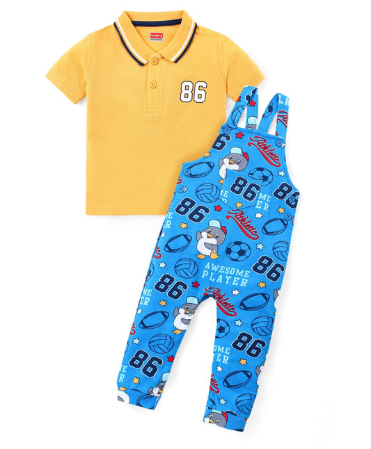 FirstCry Babyhug Single Jersey Knit Dungaree and Half Sleeves Polo T-Shirt Penguin Print Yellow and Blue