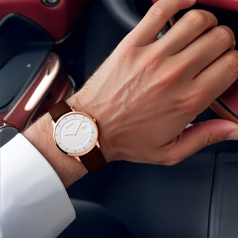 Titan Edge Quartz Analog White Dial Brown Leather Strap Watch For Men