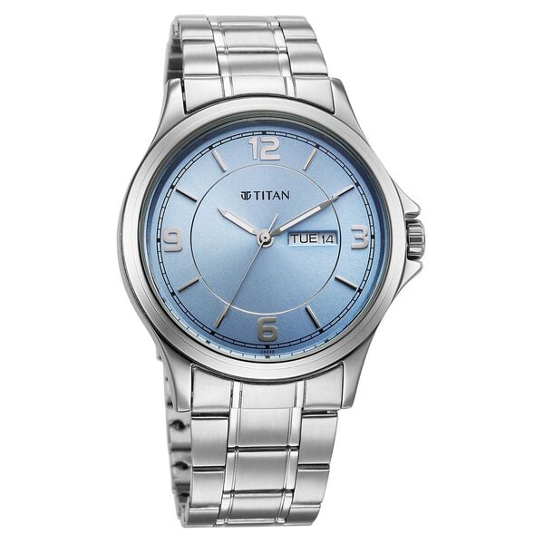 Titan Neo Arabic Analog with Day Date Ice Blue Dial Silver Stainless Steel Strap Watch