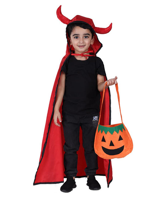 Itsmycostume Fleece Halloween Theme Half Sleeves Solid Tee and Tights With Hooded Cape and Pumpkin Printed Basket Red